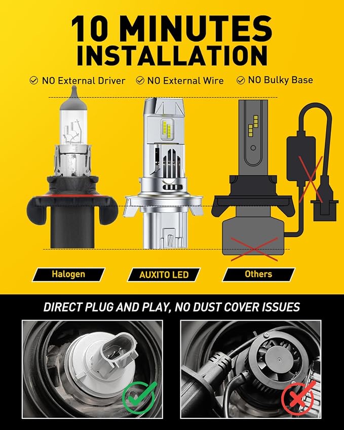 AUXITO 9008 LED Bulbs, 900% Ultra-Bright, 6500K White H13 Fog Light, Easy Plug-N-Play Installation, IP68 Waterproof, Pack of 2