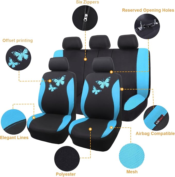 Flying Banner Butterfly car seat Covers ful Set Fashion Universal Lady Woman Female Rear Bench Split Colorized (Full Set, Mint Blue)
