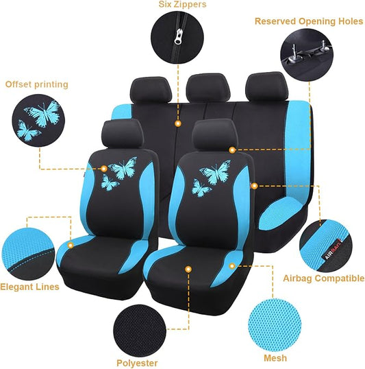 Flying Banner Butterfly car seat Covers ful Set Fashion Universal Lady Woman Female Rear Bench Split Colorized (Full Set, Mint Blue)