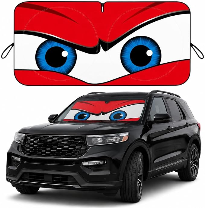 Car Windshield Sun Shade, Funny Cartoon Eyes Large Foldable Front Window Sunshade, UV Heat Protection Windshield Cover Universal Fits Full-Size Pickup Truck SUV - 63 x 33.86