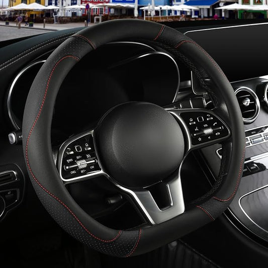 Microfiber Leather D Shaped Steering Wheel Cover, Breathable, Anti Slip, 13.5 inch to 14 inch, Black