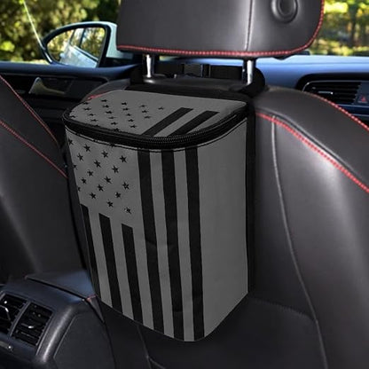 Vintage American Flag Black Grey Print Car Trash Can for Women Men Auto Interior Decor Portable Trash Bin with Lid and Zipper Collapsible Garbage Bag Hanging Multipurpose Car Seat Organizer
