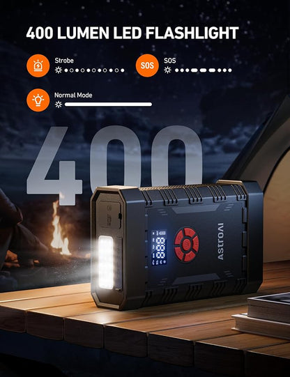 AstroAl A30 Jump Starter with Air Compressor, 4000A &150PSI Portable Car Battery Jump Starter (10.0 Gas/8.0LDiesel) with Tire Inflator, 12V Battery Charger, 18W Quick Charge, Jumper Cables, Lights