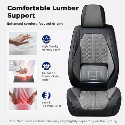 Huidasource Front and Back Seat Covers Universal Fit for Most Cars SUV Trucks, Leather Car Seat Covers Full Set 5 Seats, Full-Cover Pickup Truck Seat Cover with Lumbar Support, Black & Gray
