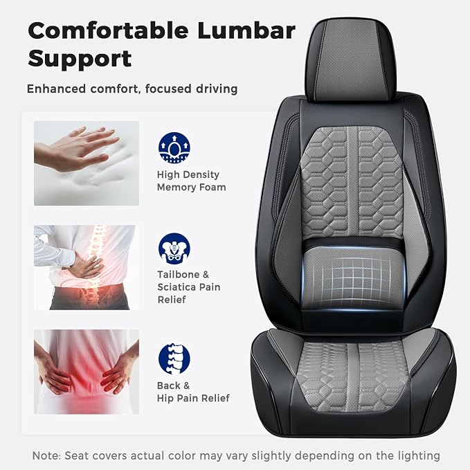 Huidasource Car Seat Covers Front Seat Universal Fit for Most Cars SUV Trucks, 360° Full Wrap Waterproof Leather Seat Cover with Lumbar Support, Cooling＆Heating, Black & Gray