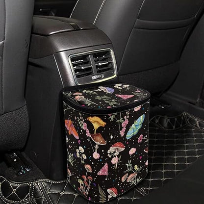 Mushroom Trash Can for Car Cottagecore Moth Boho Car Accessories for Women Portable Leakproof Garbage Can Bags with Zipper and Lid Butterfly Auto Trash Bag Hanging Front Seat
