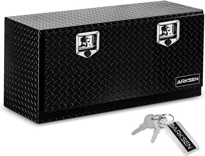 ARKSEN 36 x 17 x 18 Inch Underbody Tool Box, Heavy Duty Aluminum Diamond Plate Waterproof Square Storage Organizer Chest with T-Handle Lock & Keys for Pickup Truck, RV & Trailer – Black