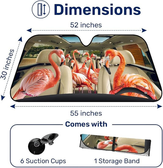 GENANY Flamingo Windshield Cover for Car SUV Truck (55x30 Inches), Foldable Heat Shield, Shades for Front Windows, Protector Blocks UV, Car Decor
