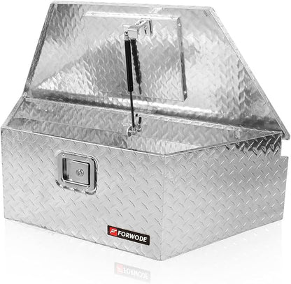 FORWODE Trailer Tongue Box 39 Inch Aluminum Tongue Tool Box Lockable Trailer Tool Chest with Gas Strut, Secure Diamond Plate Truck Tongue Tool Box for Trailer, Truck Bed, Pickup & RV Storage (Silver)