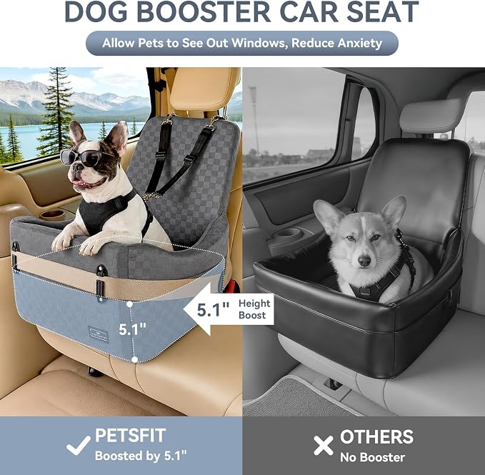PETSFIT Dog Car Seat for Small/Medium Dogs Up to 35 lbs – Patented Safety System, 5" Memory Foam Pet Booster Car Seat, Fully Detachable and Washable Dog Carseat with 2 Storage Pockets (Grey)
