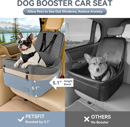 PETSFIT Dog Car Seat for Small/Medium Dogs Up to 35 lbs – Patented Safety System, 5" Memory Foam Pet Booster Car Seat, Fully Detachable and Washable Dog Carseat with 2 Storage Pockets (Grey)