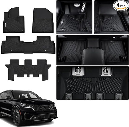 Floor Mats for KIA Sorento 2020 2019 2018 2017 2016 Accessories 4PCS(Only fit 7 Seats) Floor Liner Custom TPE All Weather Protection Full Coverage 1st & 2nd & 3rd Row Full Set Car Liner-Black