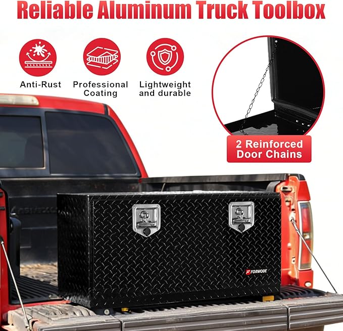 FORWODE 36x17x18 Inch Underbody Truck Tool Box Aluminum Trailer Tool Box with Lock & Foldable T-Handle Waterproof Truck Storage Box for Pickup Truck, Trailer, RV, ATV, Indoor（BLACK）