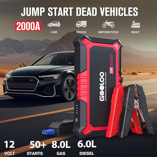 GOOLOO New GP2000 Jump Starter, 12V 2000A Car Jumper Starter(Up to 8.0L Gas, 6.0L Diesel Engines), SuperSafe Portable Battery Charger, Auto Lithium Box Booster Pack with USB Quick Charge, red