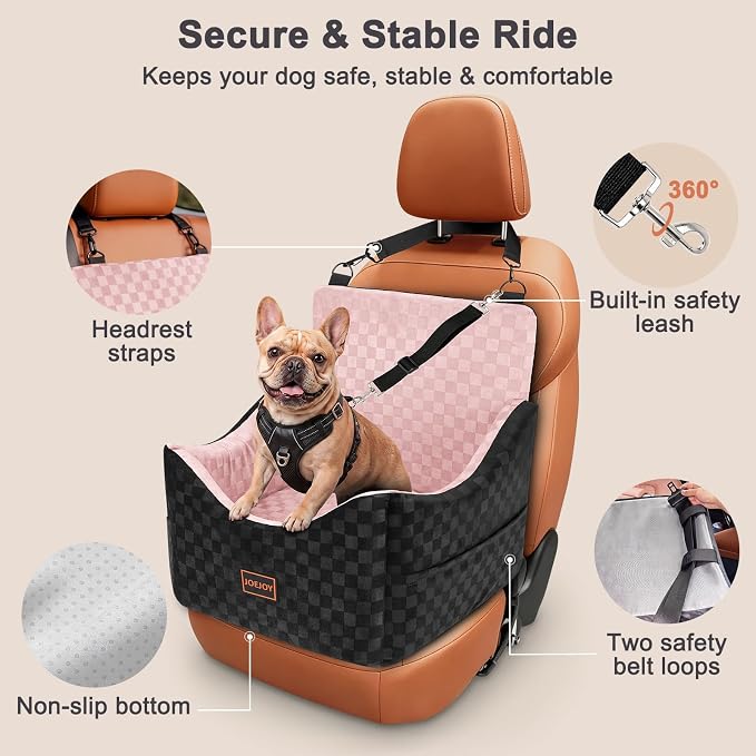 JOEJOY Elevated Dog Car Seat for Small/Medium Dogs up to 35 lbs, Memory Foam Booster Seat with Detachable Washable Cover, Travel-Safe Car Bed with Safety Belts & Storage Pockets, Pink