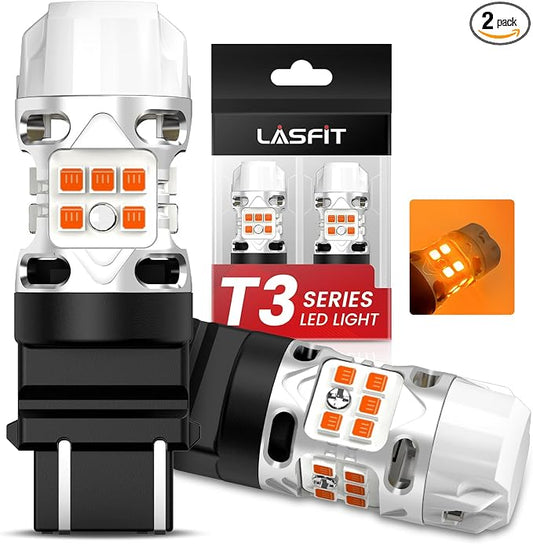 LASFIT 3157 LED Bulb Amber, T3 4157 3057 Turn Signal Bulb Built In Resistor CANBUS Error Free Front Rear Turn Signal Light 3457 3047 3357 4057 3056 3456 4156, Only For Standard Socket,Pack of 2