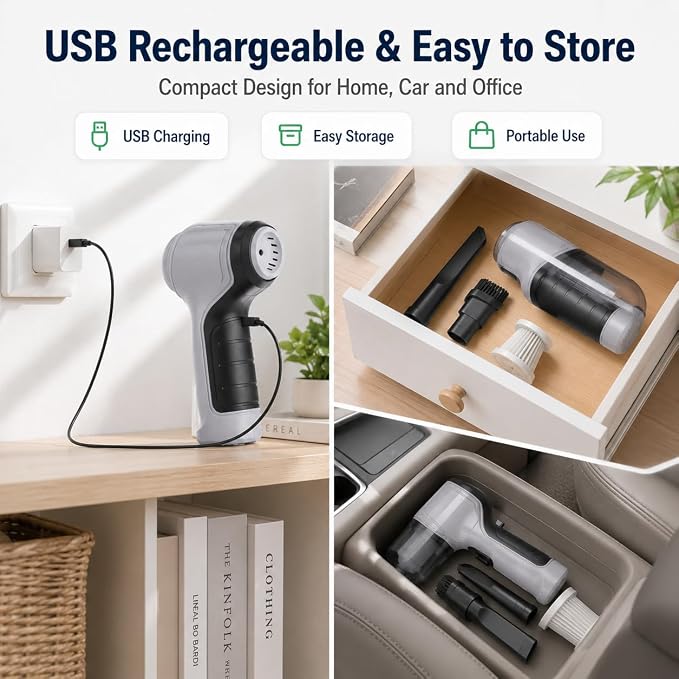 Cordless Handheld Vacuum Cleaner, Portable Rechargeable Mini Vacuum, Powerful Suction Hand Held Vacuum for Car Home Office Pet Hair Dust Cleaning