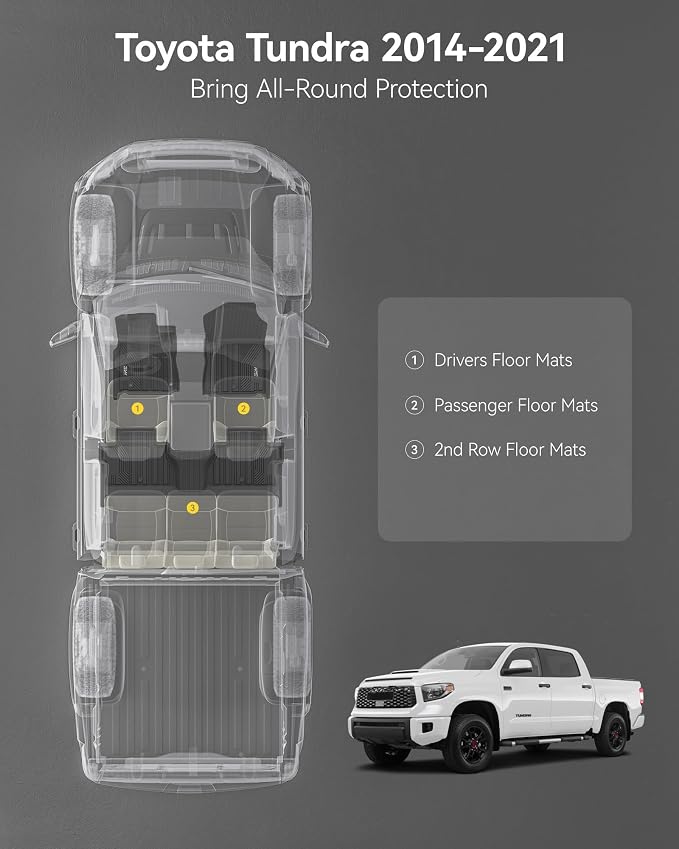 3W Floor Mats for Toyota Tundra 2014-2021 (Only for CrewMax Cab), TPE All Weather Custom Fit Floor Liner for Tundra Accessories SR5/TRD/Limited 1st and 2nd Row Full Set Car Mats Easy Clean, Black