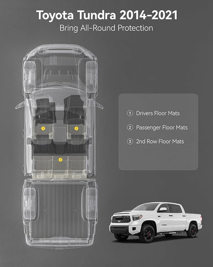 3W Floor Mats for Toyota Tundra 2014-2021 (Only for CrewMax Cab), TPE All Weather Custom Fit Floor Liner for Tundra Accessories SR5/TRD/Limited 1st and 2nd Row Full Set Car Mats Easy Clean, Black