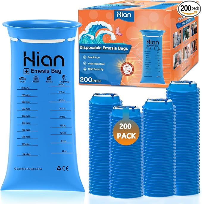 Hion Vomit Bags Disposable – 200 Pack 1000ml Emesis Bags – Leak Resistant, Medical Grade, Portable – Perfect for Motion, Car & Aircraft Sickness, Pregnant Women