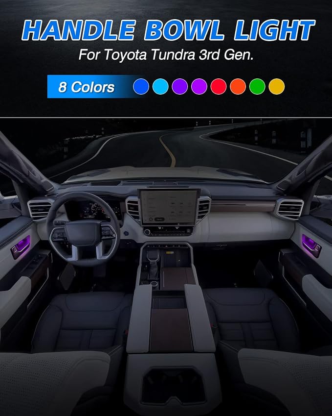 Powerty Adjustable 8 Colors LED Lights for 2022 2023 2024 Toyota Tundra Inner Door Handle Bowl Mood Lighting Decorative Interior Lamp (4PCS)