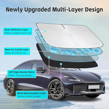 Windshield Sun Shade for Hyundai Ioniq 6 2023-2026 Sunshade 300T Windshield Cover Protector Blocks UV Rays Custom Fit Ioniq6 Front Window Shades Windshield Accessories Keep Cool Foldable