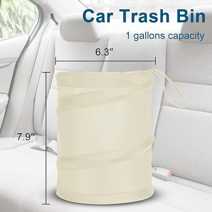 Car Trash Can, 2 Packs Mini Car Garbage Can, Collapsible Trash Bin | Pop-Up Trash Can for Car Front Back Seat, Portable Car Trash Bag Hanging for Vehicle SUV Rv Truck Accessories Interior, Beige