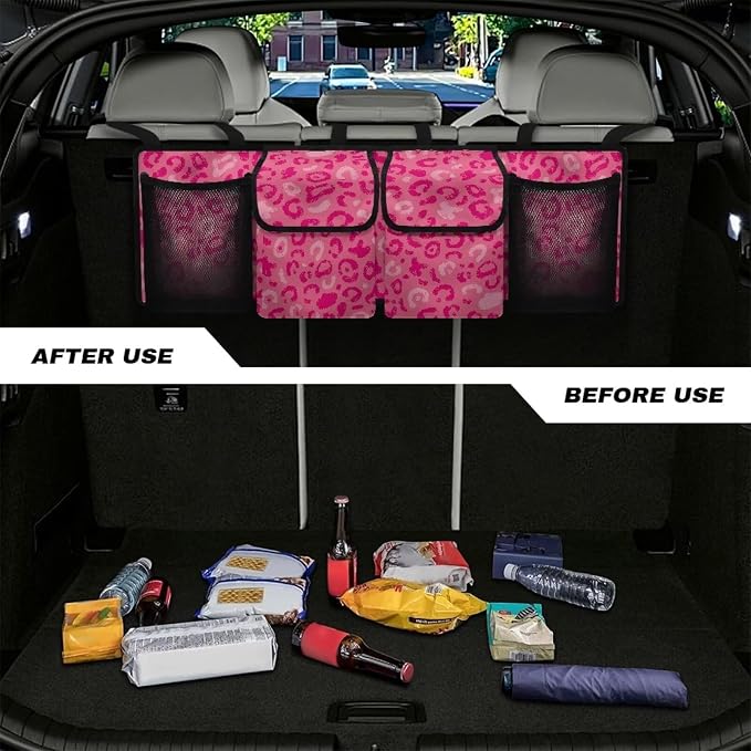Sturdy Car Trunk Organizer Pink Leopard Print Trunk Hanging Storage Bag Multipurpose Cargo Bag,Frees Trunk Floor