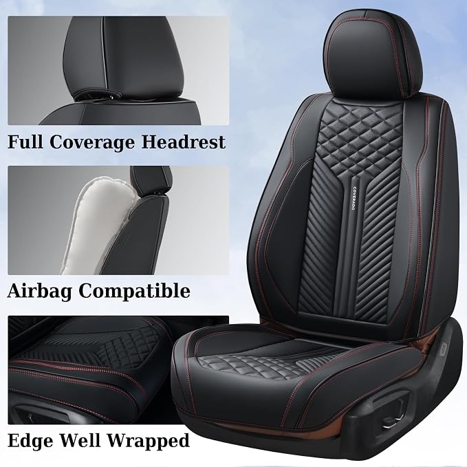 Coverado Car Seat Covers Full Set, 5 Seats Leather Seat Covers for Cars, Waterproof Front and Rear Car Seat Protectors Cushions Universal Fit Most Vehicles (Black)