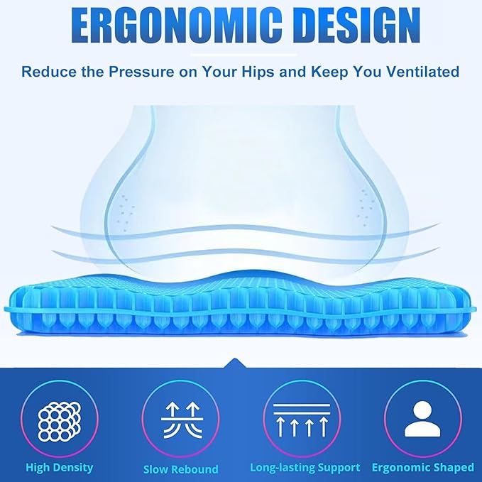 Gel Seat Cushion for Long Sitting Pressure Relief (Super Large & Thick) - Non-Slip Gel Chair Cushions for Back,Sciatica,Tailbone Pain Relief - Seat Cushion for Office Desk Chair,Car Seat,Wheelchair