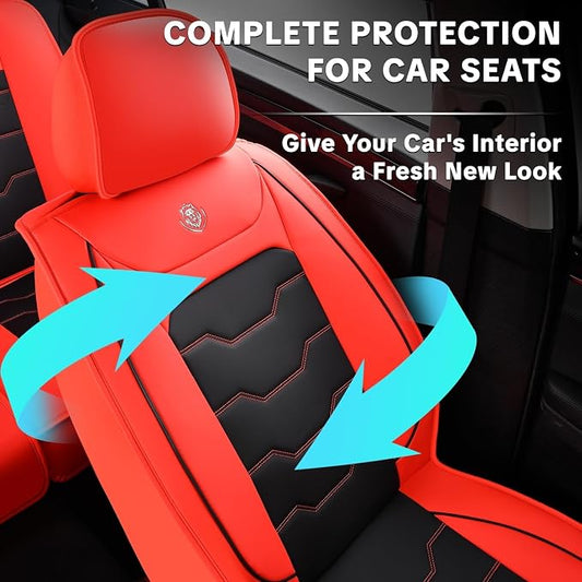Red Car Seat Covers for Suvs, Sedans, and Pickup Trucks Protect and Upgrade Your Vehicle's Interior Waterproof Leather 5-Piece Complete Set Compatible with Airbags Easy to Install and Clean