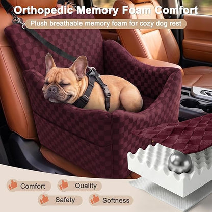 JOEJOY Elevated Dog Car Seat for Small/Medium Dogs up to 36 lbs, Memory Foam Booster Seat with Detachable Washable Cover, Travel-Safe Car Bed with Safety Belts & Storage Pockets, Red