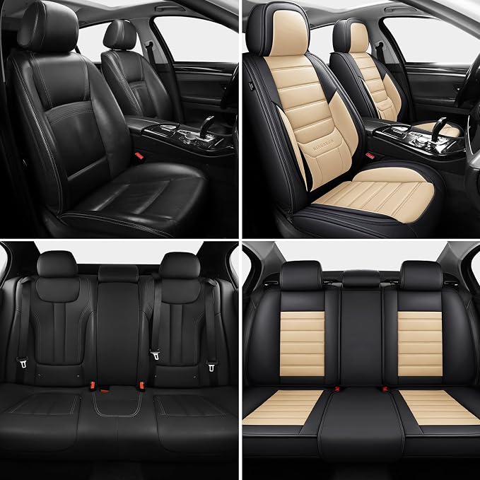 MINGBRON Car Seat Covers Full Set, Brown Car Seat Cover Lumbar Support, Car Seat Protector Waterproof, Nappa Leather Car Seat Cushion, Front Seats and Back Fit for Most Cars Beige