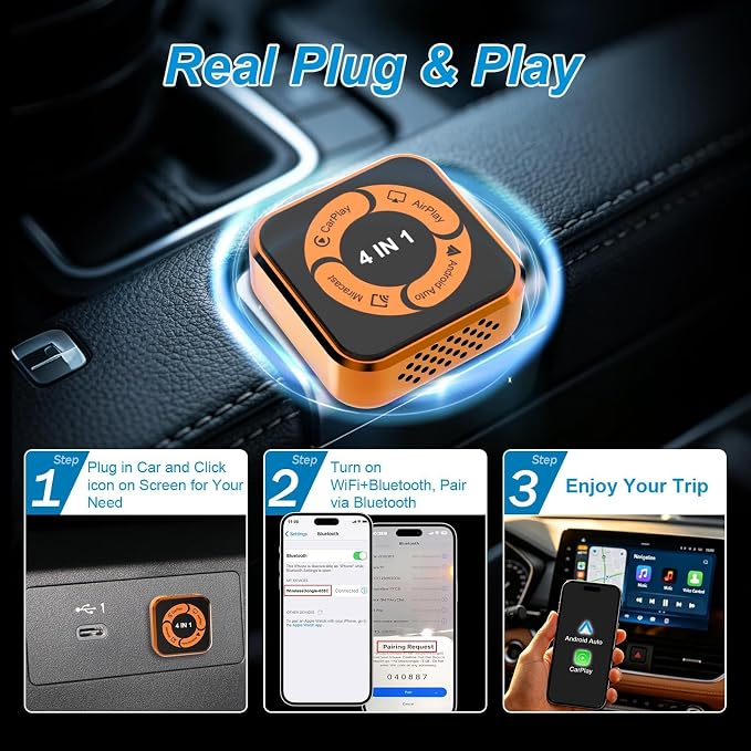 Wireless CarPlay Adapter 4 in 1-2026 Upgraded Screen Mirroring Adapter for Apple CarPlay & Android Auto & AirPlay & MirrorLink, Screen Mirror Dongle for Car, Plug & Play, Come with Type-C Extension