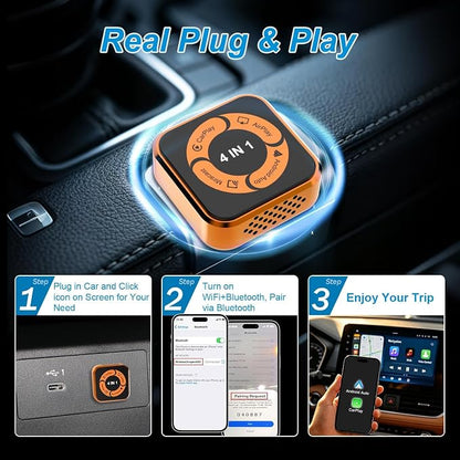 Wireless CarPlay Adapter 4 in 1-2026 Upgraded Screen Mirroring Adapter for Apple CarPlay & Android Auto & AirPlay & MirrorLink, Screen Mirror Dongle for Car, Plug & Play, Come with Type-C Extension