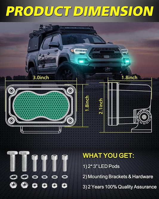 Green LED Pods 3" 40W Diffused CREE LED Pod Lights | Green Hunting Fishing Light Pods Scene Chase Light Bars for Truck Pickup Tractor Trailer Van Boat UTV