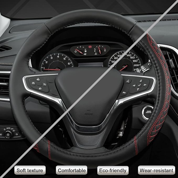 West Llama Customized Auto Car Steering Wheel Cover for Chevy Silverado,Tahoe,Equinox,Traverse,Trailblazer,Colorado (Diamond Quilted-Black+Red-Standard Size)