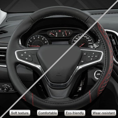 West Llama Customized Auto Car Steering Wheel Cover for Chevy Silverado,Tahoe,Equinox,Traverse,Trailblazer,Colorado (Diamond Quilted-Black+Red-Standard Size)