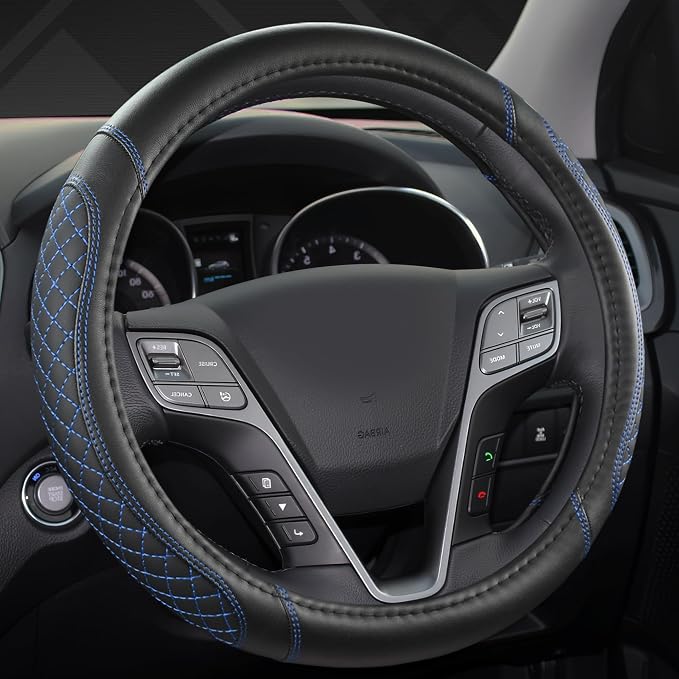 West Llama Customized Auto Car Steering Wheel Cover for Hyundai,Tucson,Sonata,Elantra,Santa Fe,Genesis,Sonata Hybrid,Azera,Venue,Kona, 14.5-15 inches(Diamond Quilted-Black+Blue-Standard Size)