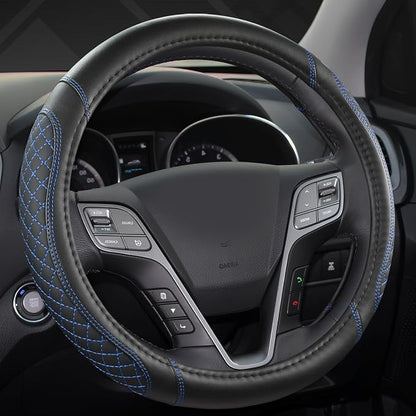 West Llama Customized Auto Car Steering Wheel Cover for Hyundai,Tucson,Sonata,Elantra,Santa Fe,Genesis,Sonata Hybrid,Azera,Venue,Kona, 14.5-15 inches(Diamond Quilted-Black+Blue-Standard Size)
