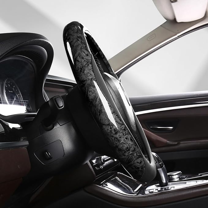 KAFEEK Wood Grain Steering Wheel Cover Microfiber Leather Universal 14 1/2-15 inch, Car Steering Wheel Cover Men Women, Comfortable, Anti-Slip, Odorless, Black