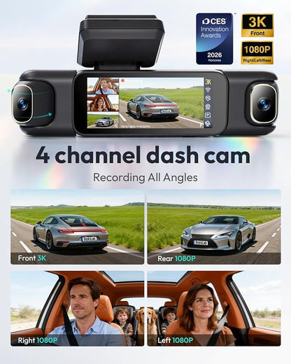 BOTSLAB 3K 4 Channel Dash Cam, 360° All-Around View, Front/Rear/Inside Car Cameras with 3.18" Touch Screen, Dash Camera 24/7 Parking Mode, Built-in GPS, 5.8GHz WiFi, Voice Control, 128GB Card Included