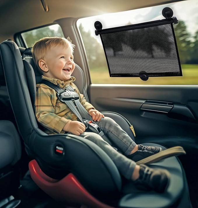 Nuby 14" Roller Vehicle Side Window Sun Protection Shade for Baby | 2 Pack | Pull Down with Suction Cups and Press Button Roll Up | Black