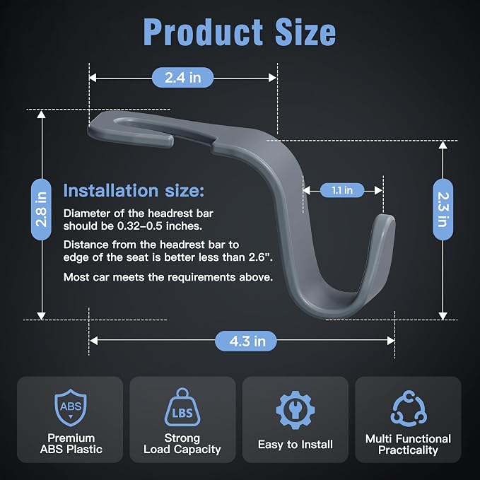 Amooca Car Seat Headrest Hook 4 Pack Hanger Universal Vehicle Car Storage Organizer for Handbag Purse Coat S Type Grey