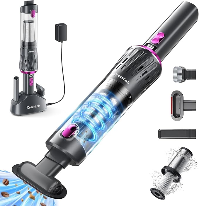 Handheld Vacuum Cordless 25000Pa Car Vacuum 3-in-1 Handheld Vacuum, Includes Smart Display and Charging Base Hand Vac Cordless Rechargeable One-Touch Empty for Home/Pet/Car (Violet)