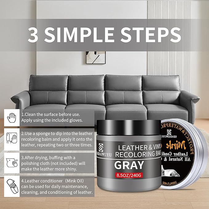 SHADAIWUYU 8.5oz Leather Recoloring Balm with 100ml Mink Oil,Gray Leather Repair kit for Furniture and Car Interior,Leather Couch Scratch Repair,Leather Dye Paint,Mink Oil for Leather