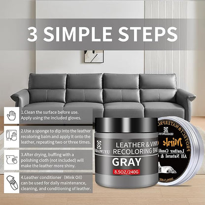 SHADAIWUYU 8.5oz Leather Recoloring Balm with 100ml Mink Oil,Gray Leather Repair kit for Furniture and Car Interior,Leather Couch Scratch Repair,Leather Dye Paint,Mink Oil for Leather