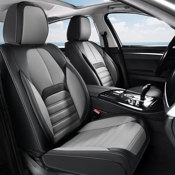 Coverado Waterproof Nappa Leather Car Seat Covers, Automotive Seat Covers，Front Car Seat Cushion & Car Seat Protector, Seat Covers Universal Fit for Most Cars, SUVs,Trucks,Black&Gray