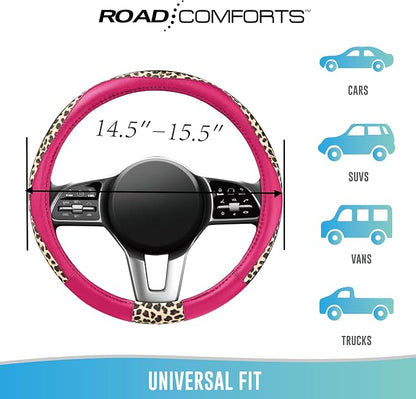 Road Comforts Steering Wheel Cover - Made with PVC Leather and Leopard Fabric - Universal 14 1/2 inches to 15 inches for Most Automotive Steering Wheel - Cheetah Print -Hot Pink