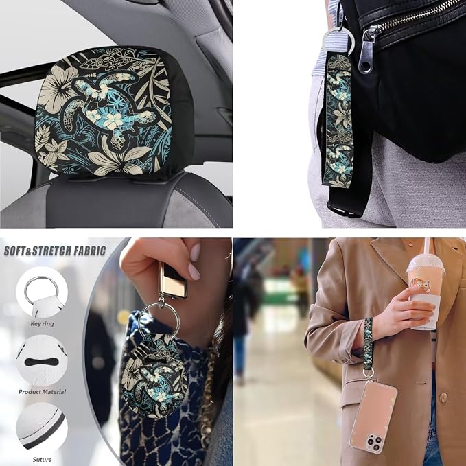 13 PCS Boho Sea Turtle Car Interior Accessories, Hawaiian Hibiscus Palm Front Rear Seat Full Set, Island Tropical Plant Tortoise Seat Belt Pad Universal Fit Most Car